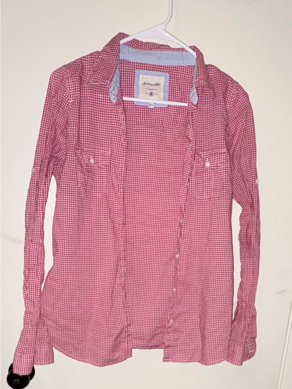 Ladies Pink Gingham Button-Up Shirt -
